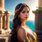 Detailed henna tattooed woman with jewelry, classic columns, seascape.