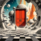 Surreal Landscape with Red Door and Floating Planets