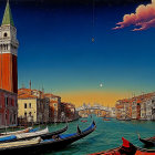 Colorful artwork: Historic town by river with clock tower, bridge, boats, starry sky