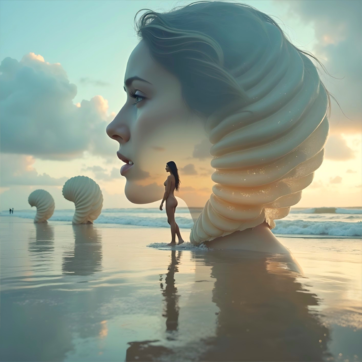 Giant Seashell Sculpture on Tranquil Sunset Beach