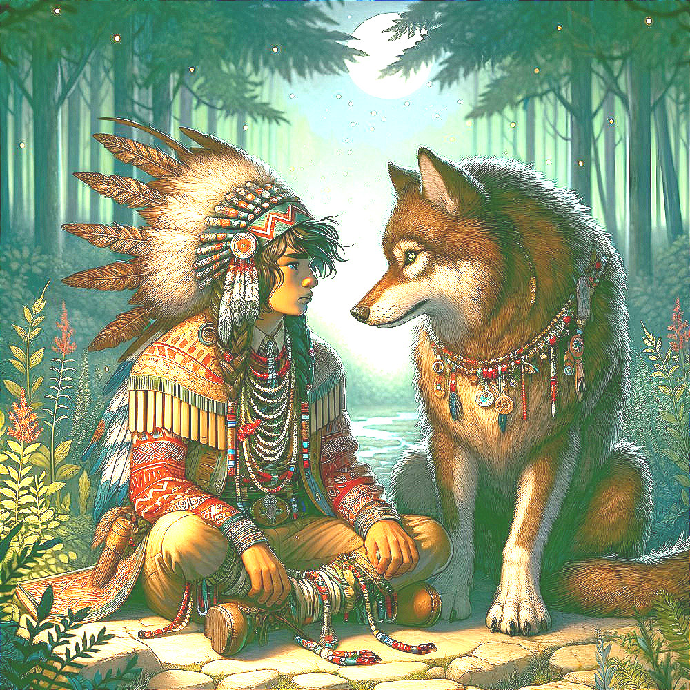 Indigenous Boy and Wolf in Serene Forest Scene