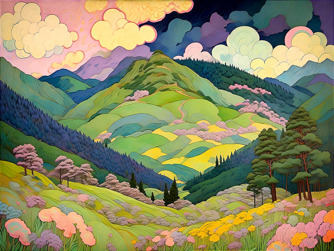 Vibrant Landscape of Rolling Hills and Wildflowers