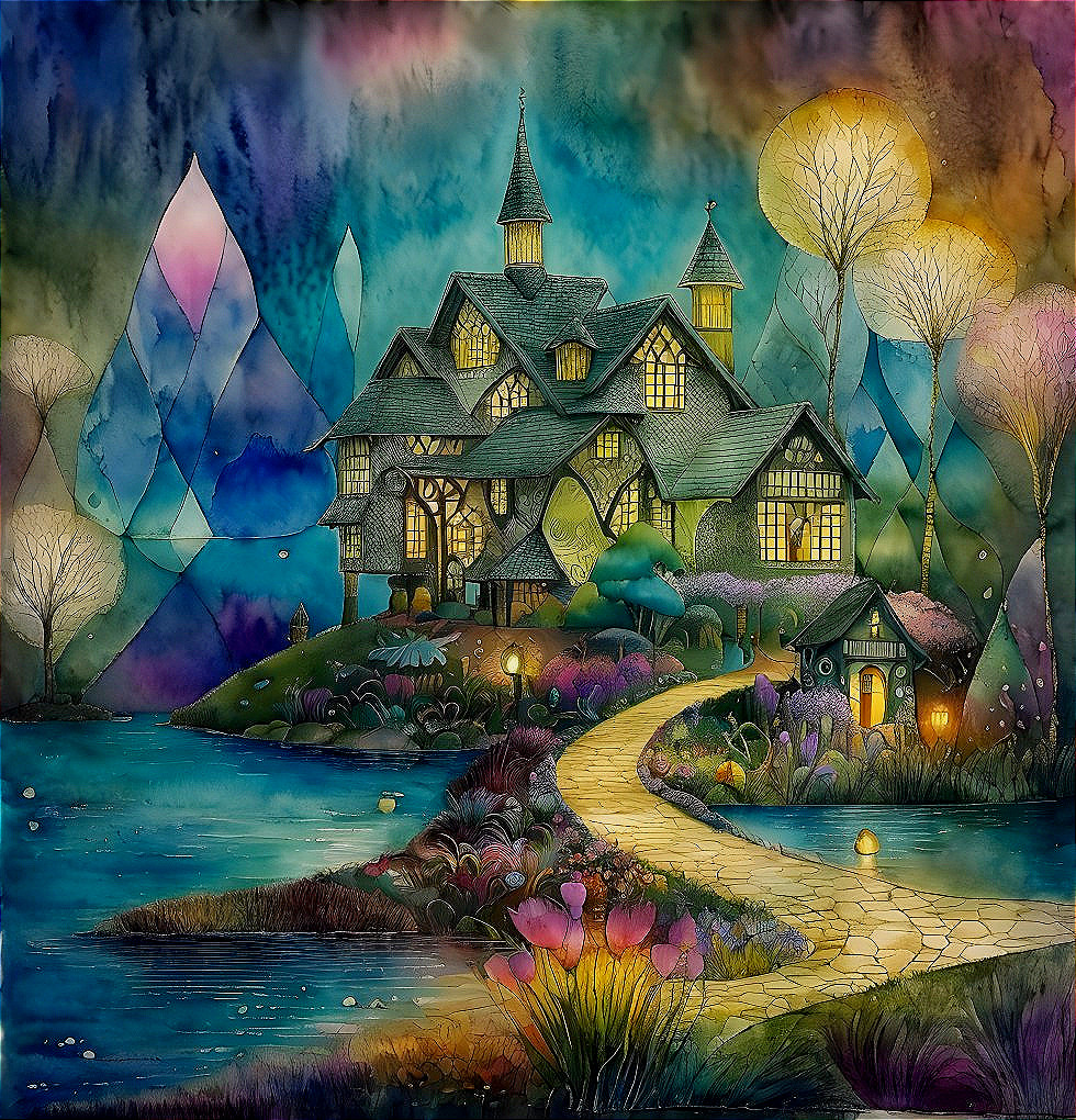 Fantasy Art: Illuminated Cottage by River at Dusk