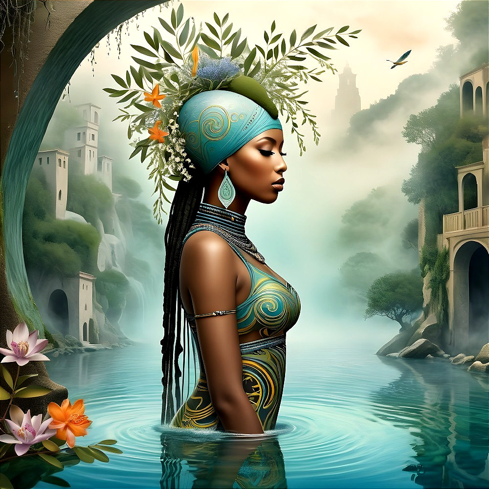 Serene Woman in Profile Surrounded by Tranquil Waters