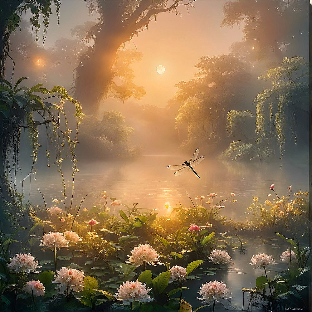 Serene Morning Scene in a Misty Forest by a River