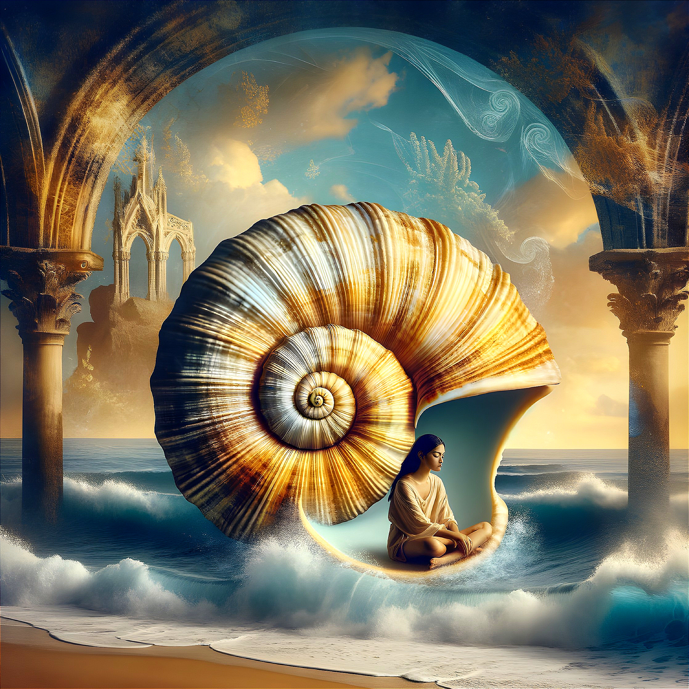 Surreal Landscape with Shell Chamber by Ocean