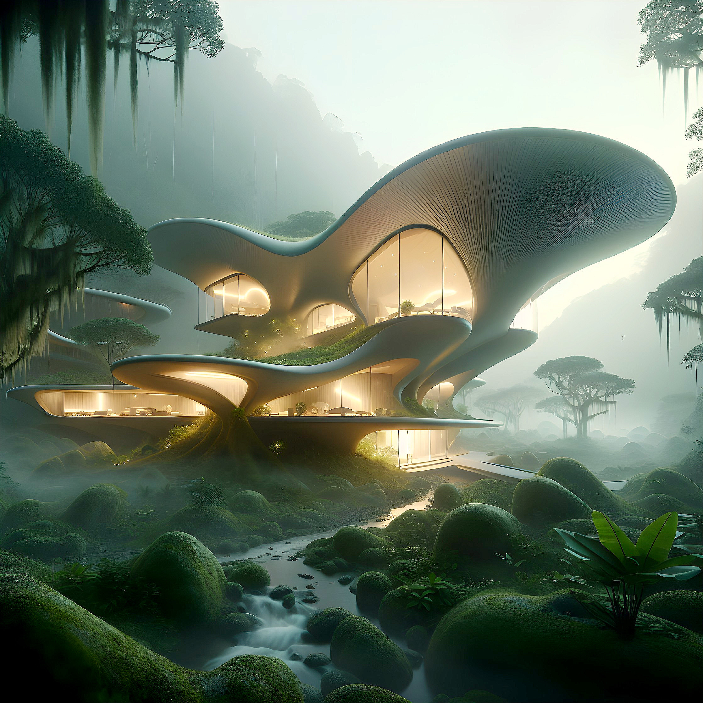 Futuristic Organic Architecture in Lush Landscape