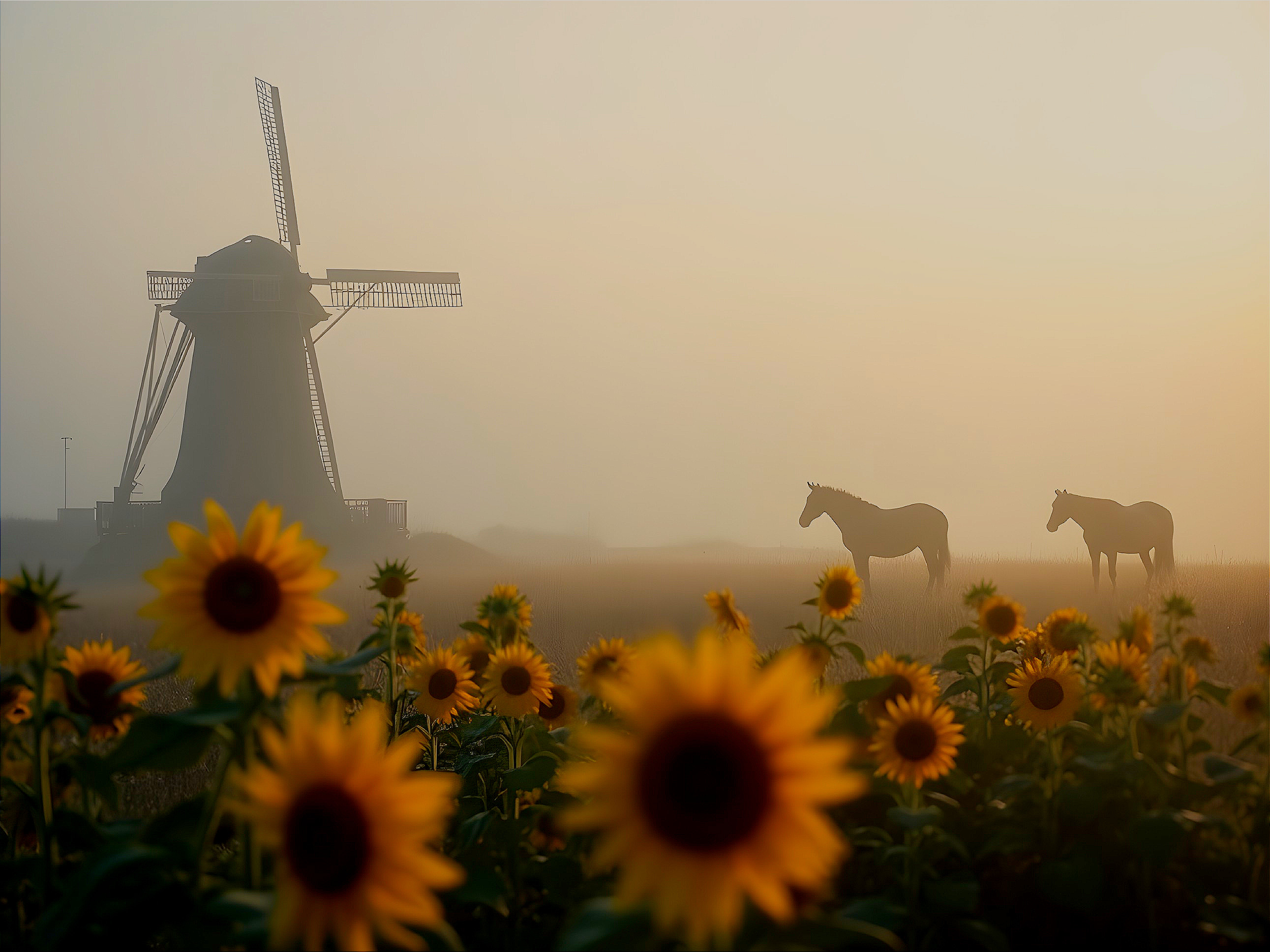 Serene landscape with fog, windmill, and sunflowers