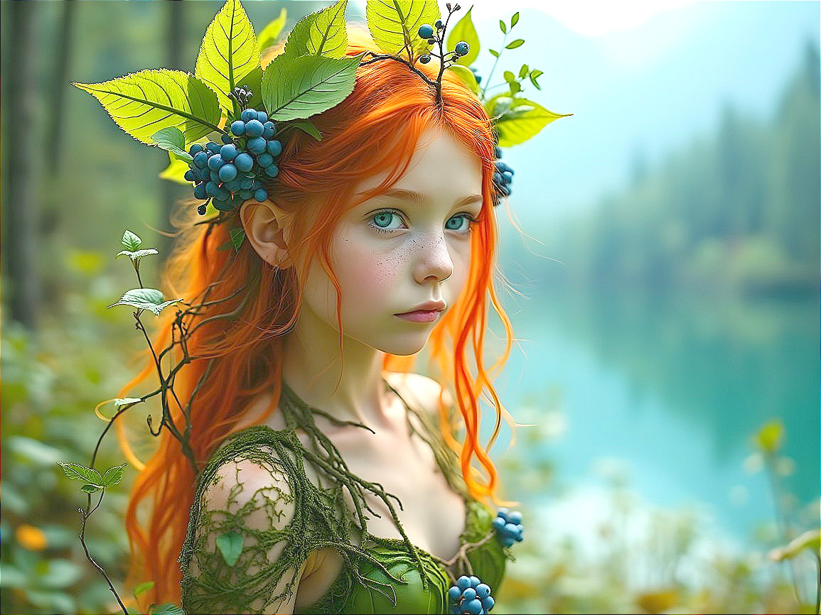 Young girl with red hair by serene water in forest