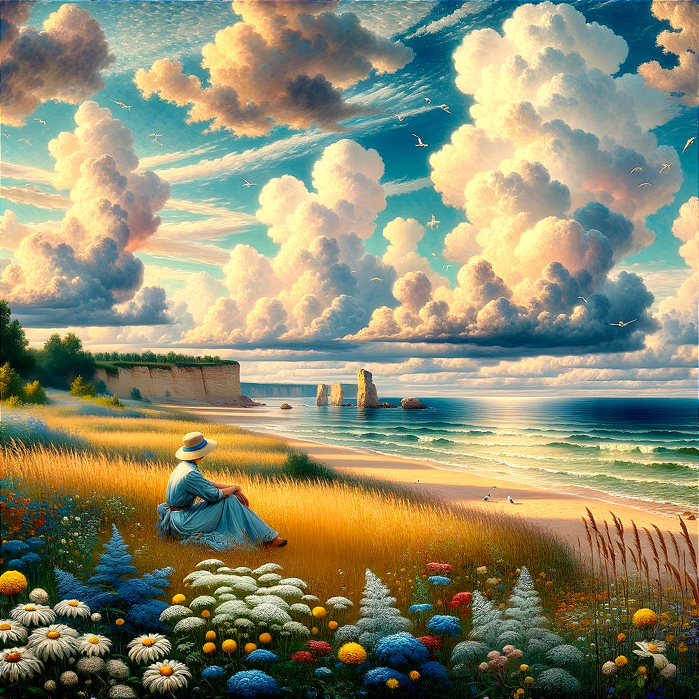 Serene beach scene with figure in blue dress at sunset