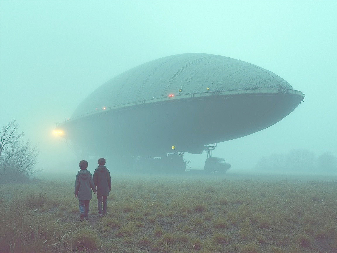 Misty Landscape with Children and Futuristic Airship
