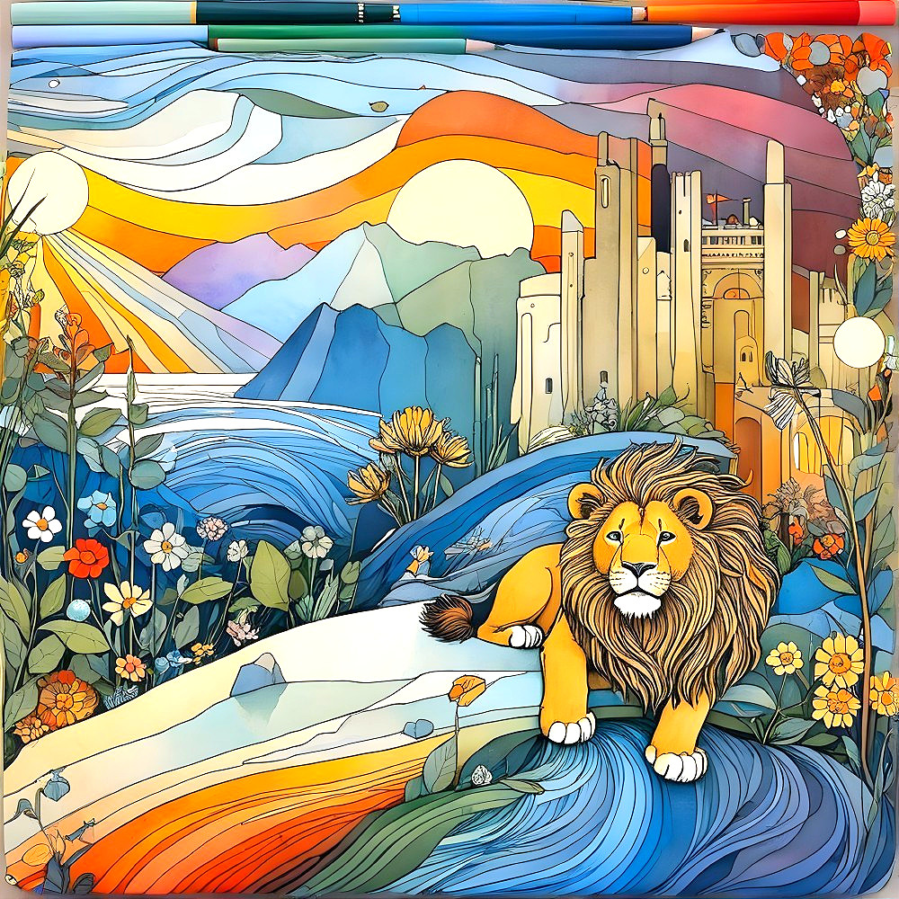 Vibrant Landscape with Lion and Majestic Castle