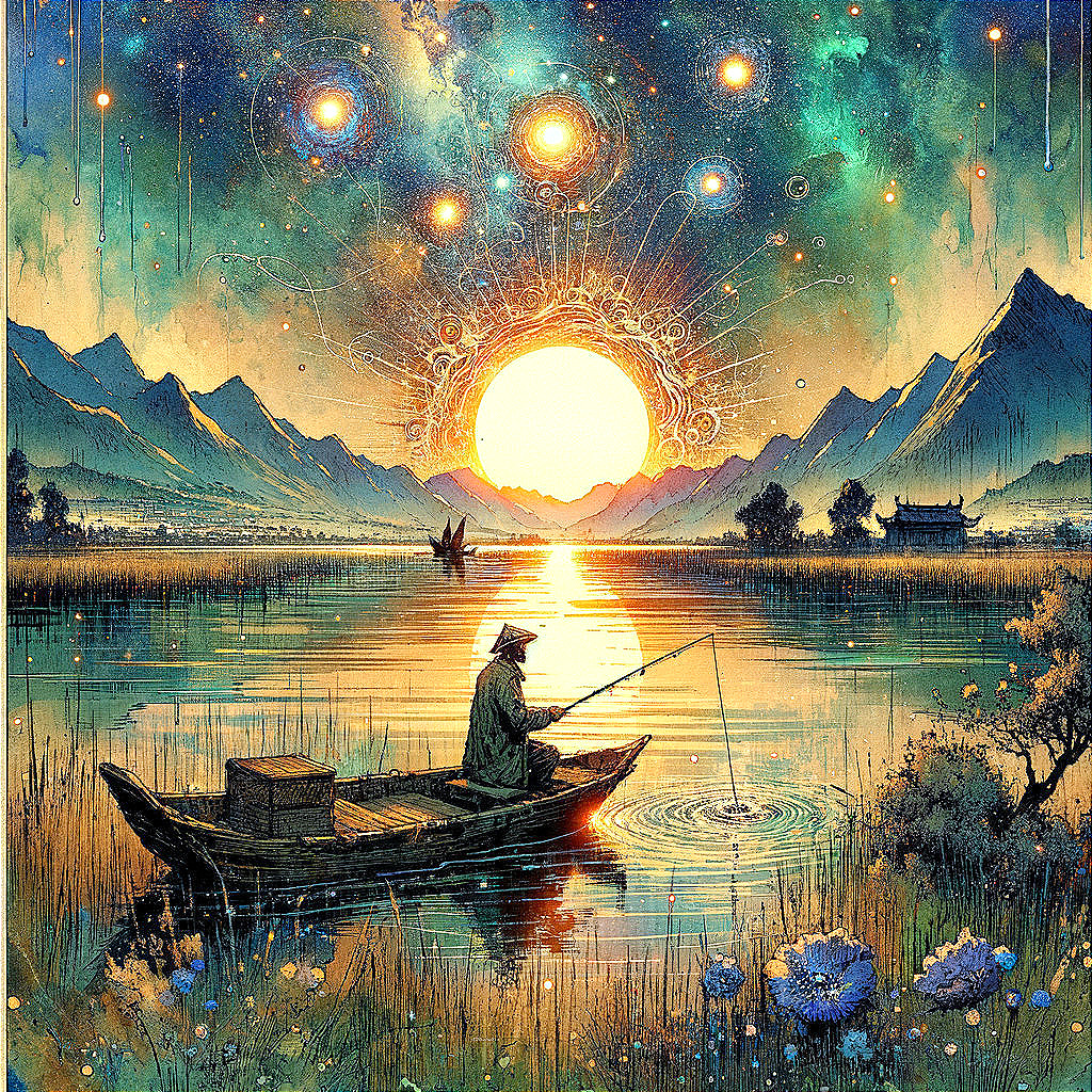 Fisherman on Tranquil Lake with Majestic Mountains