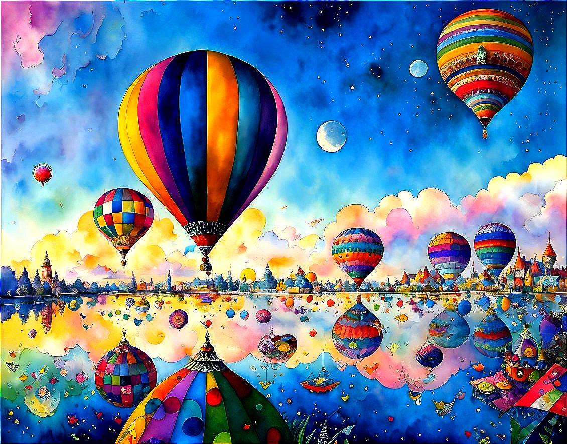 Colorful Hot Air Balloons Over a Serene Lake