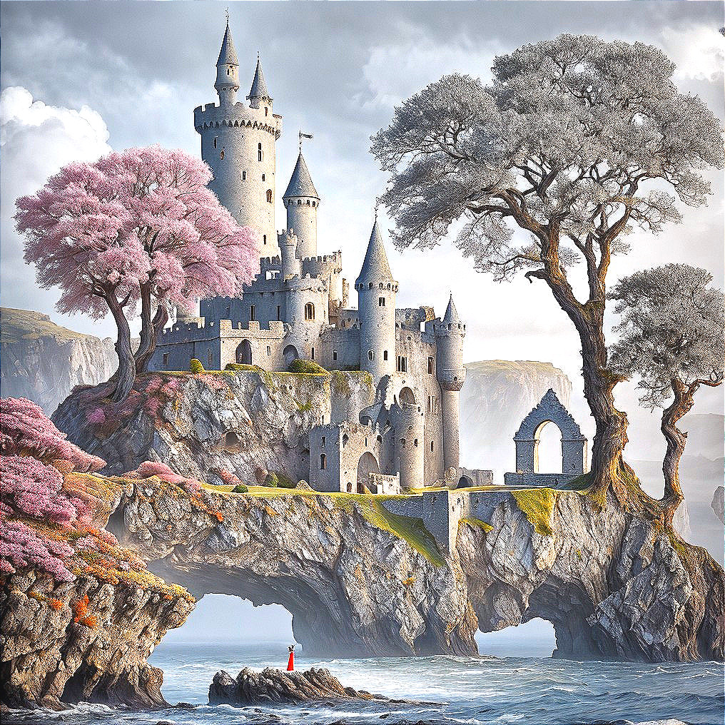 Majestic castle atop rocky outcrop with vibrant trees