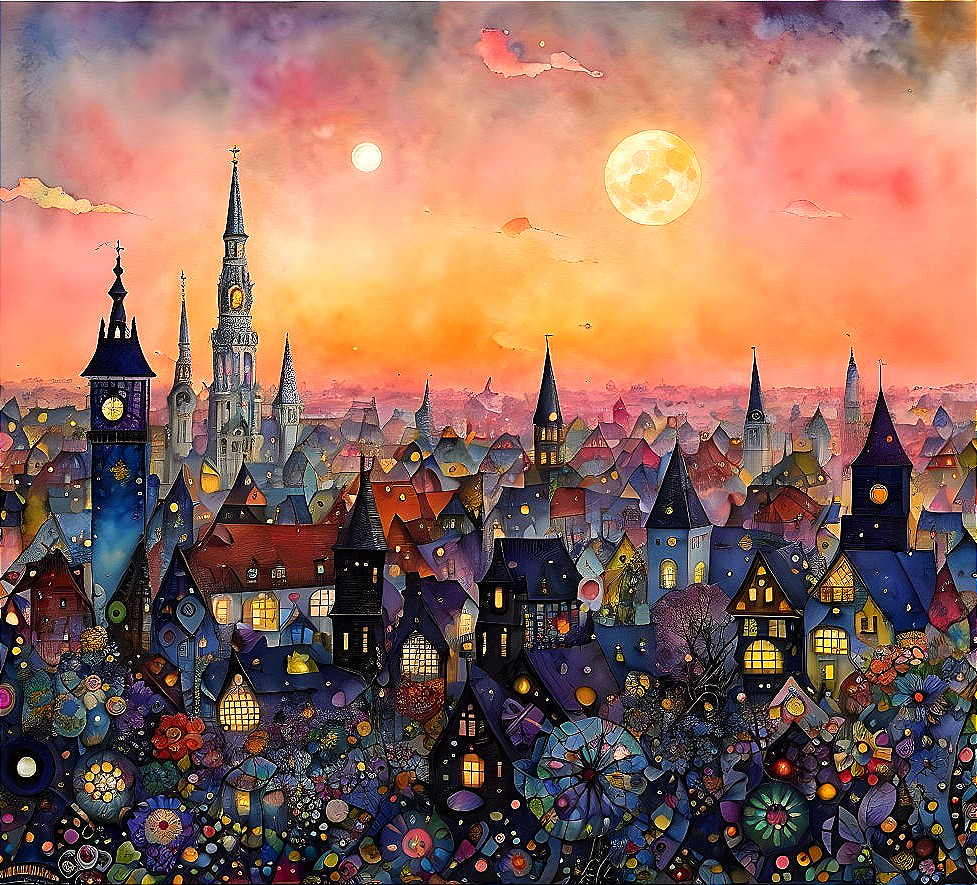 Colorful Townscape Artwork with Setting Sun and Rising Moon