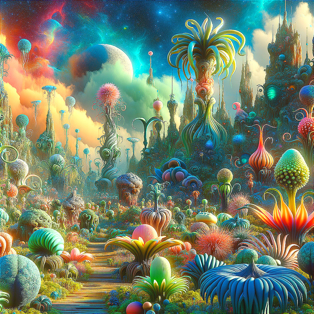 Surreal Landscape with Vibrant Colors and Whimsical Forms