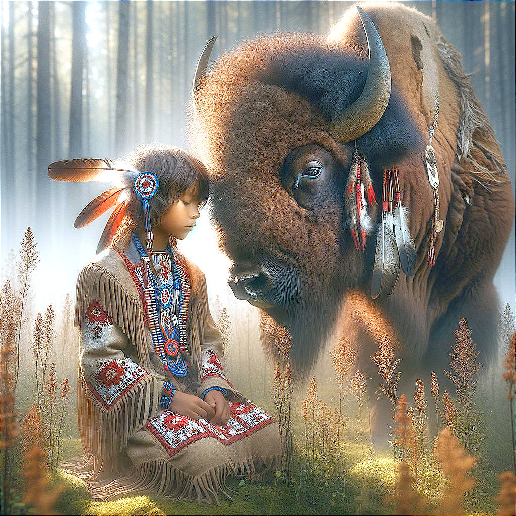 Misty Forest Scene with Indigenous Boy and Bison