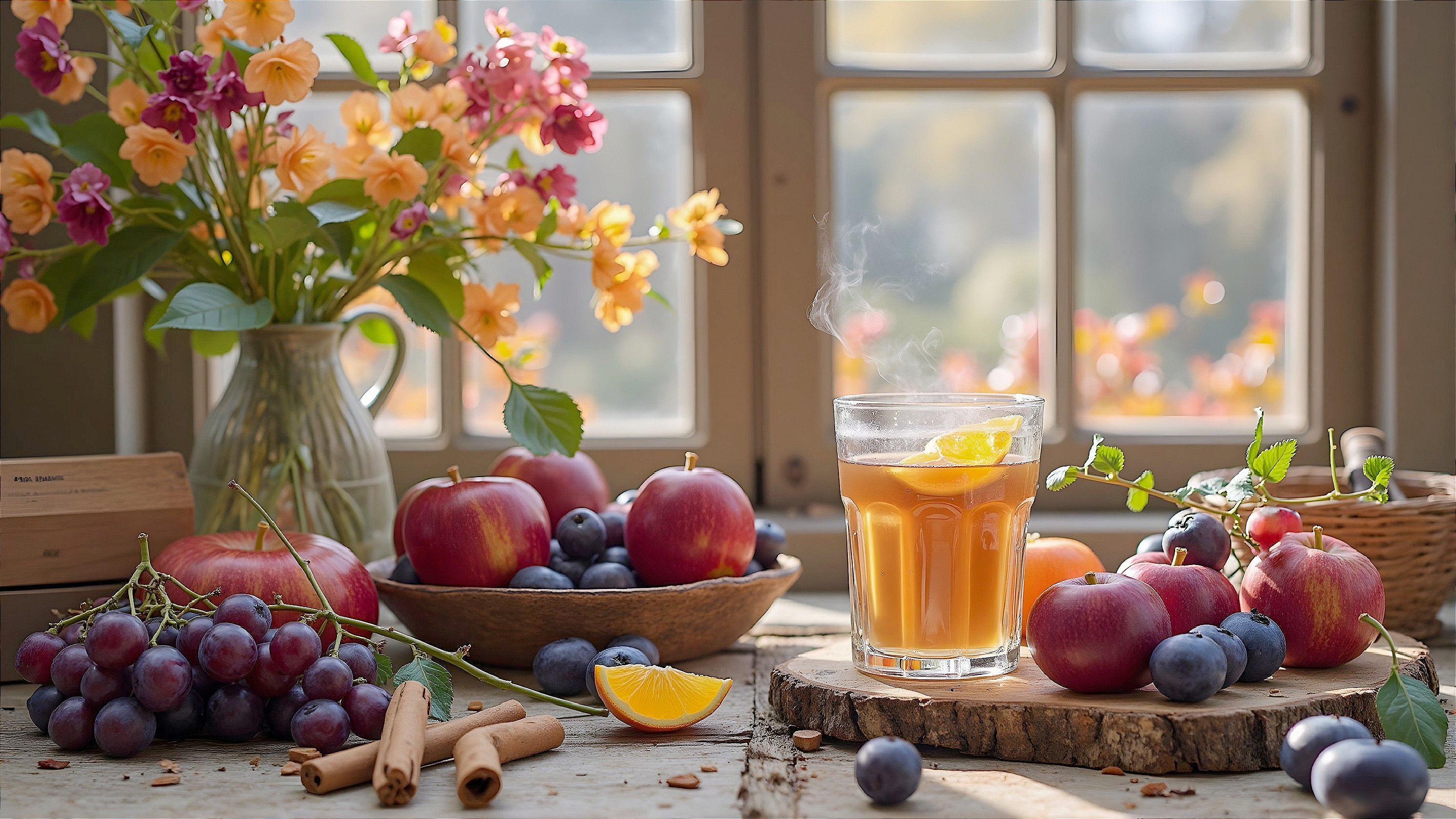 Cozy Tea Arrangement with Fruits and Flowers Display
