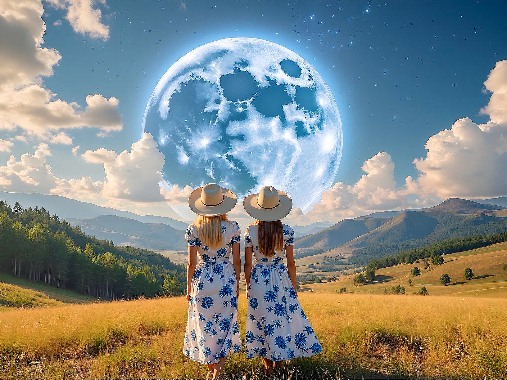 Girls in Floral Dresses Under Full Moon in Field