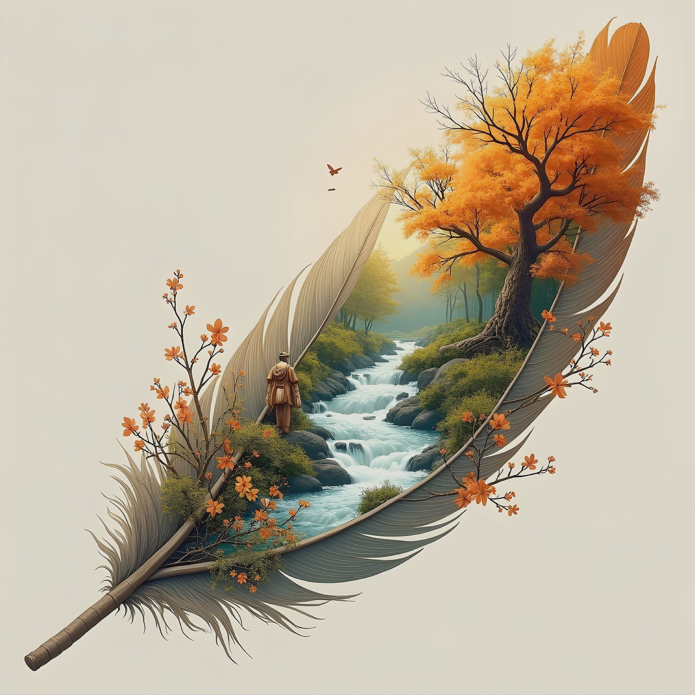 Feather Transforms into Serene Autumn Landscape Scene