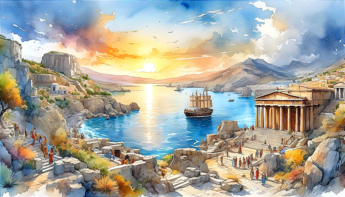 Coastal Scene of Ancient Greece with Temple and Sunset