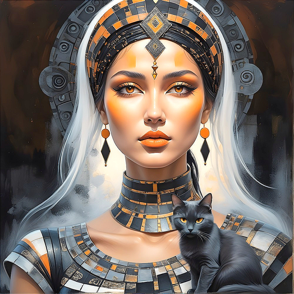 Regal Woman in Ancient Jewelry with Black Cat