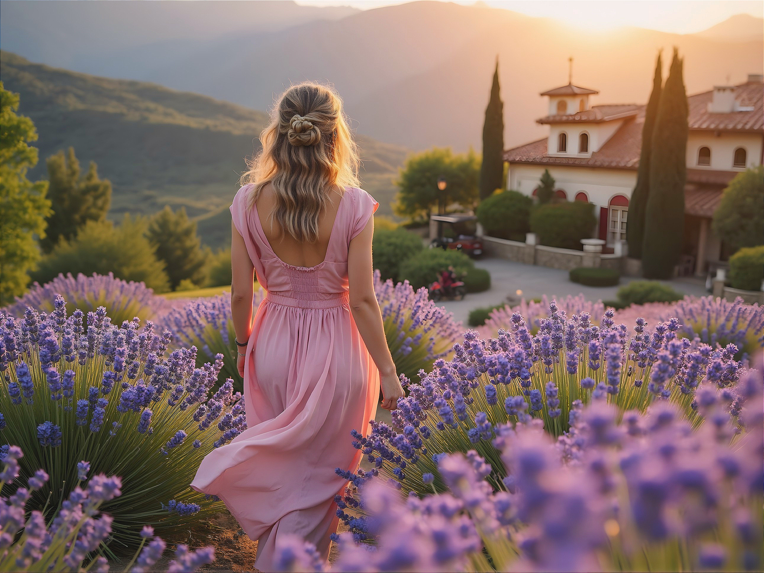 Woman in Pink Dress in Lavender Field at Sunset