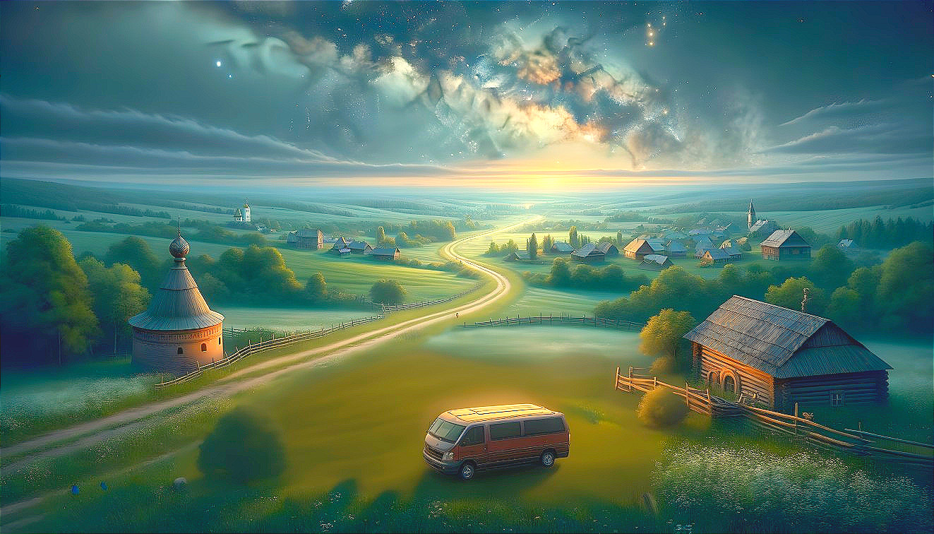 Serene Rural Landscape Under Starry Sky at Dawn