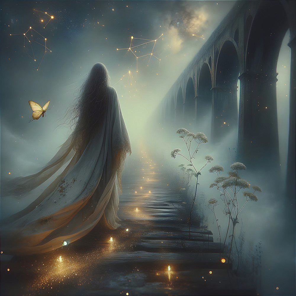 Mysterious Figure on Misty Pathway with Glowing Flowers