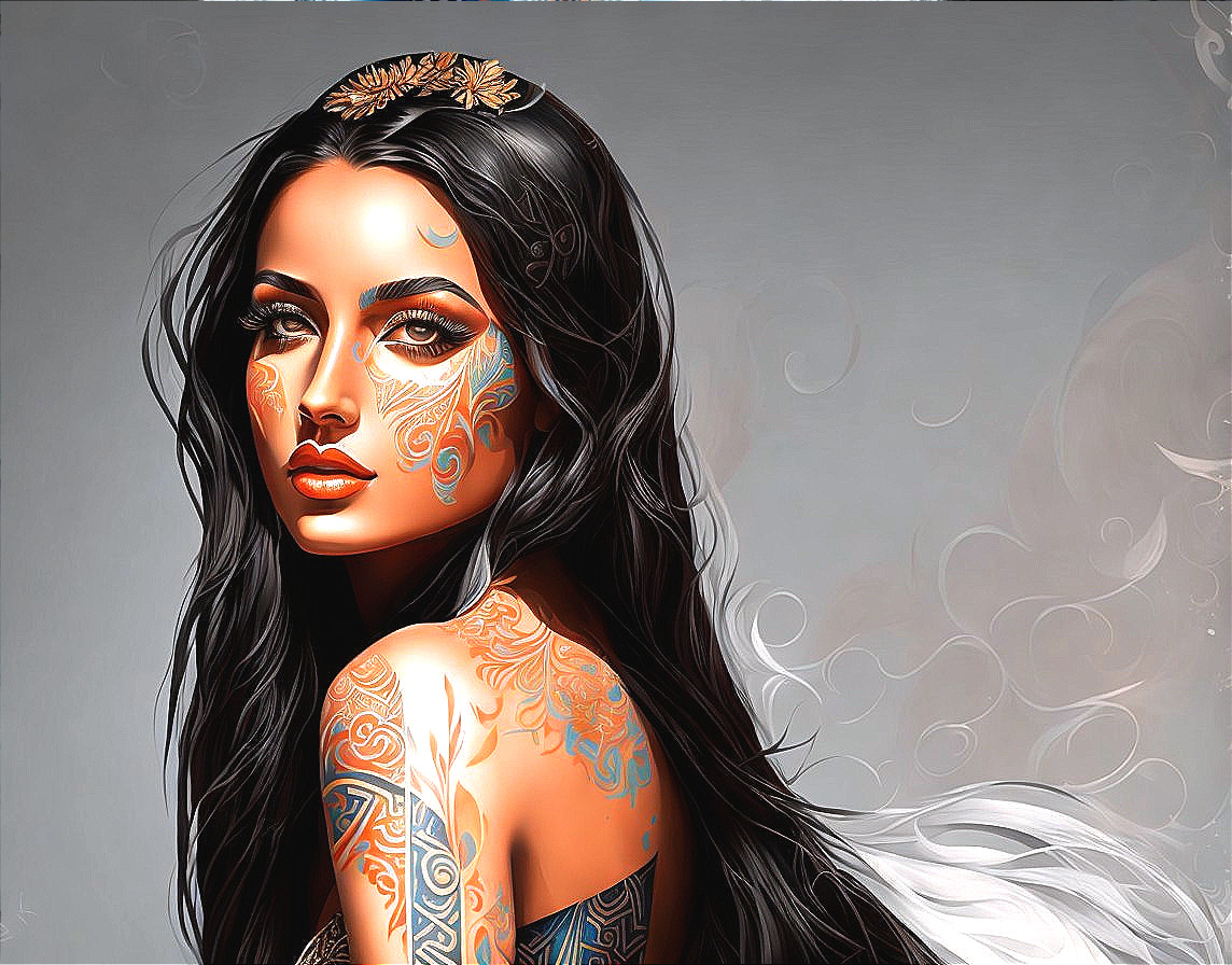 Dark-haired woman with golden tattoos and headpiece on gray swirl backdrop