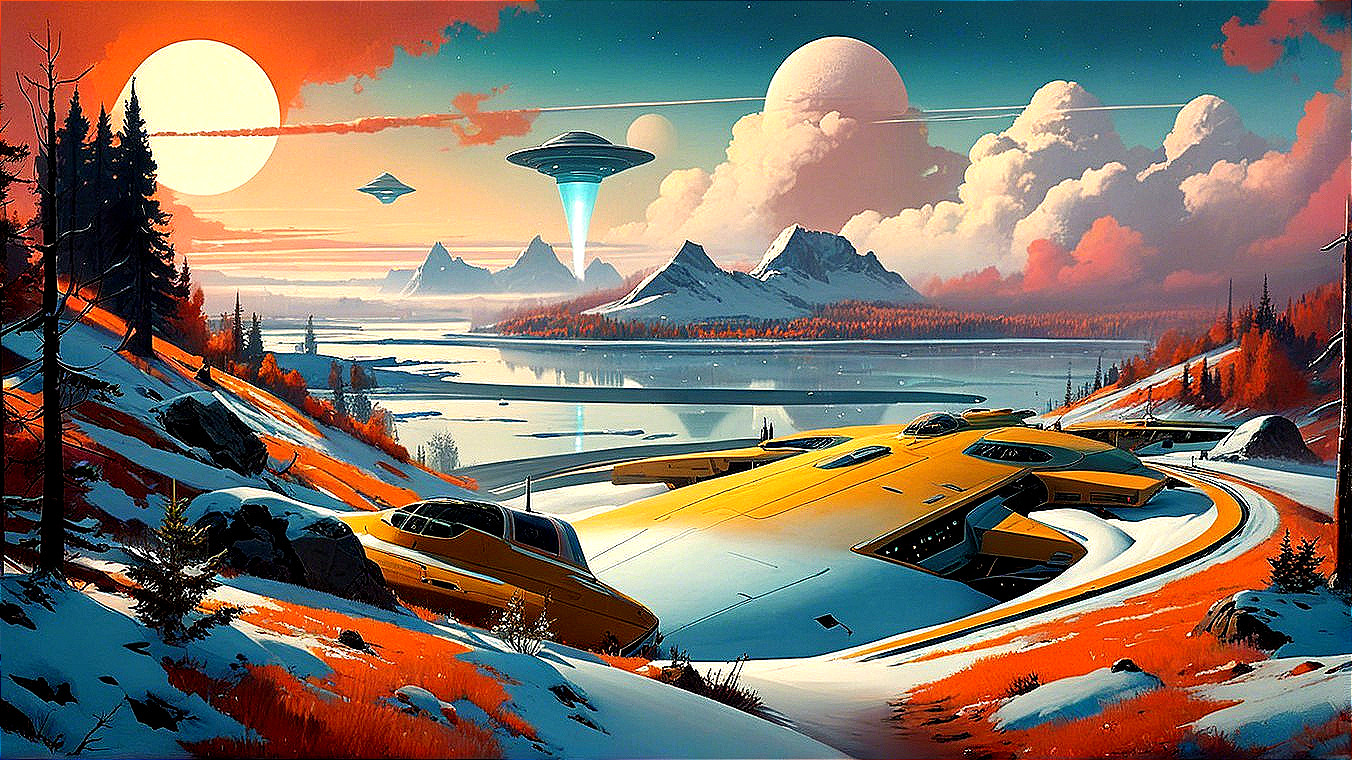 Sleek Yellow Spaceship by Serene Lake in Alien Landscape