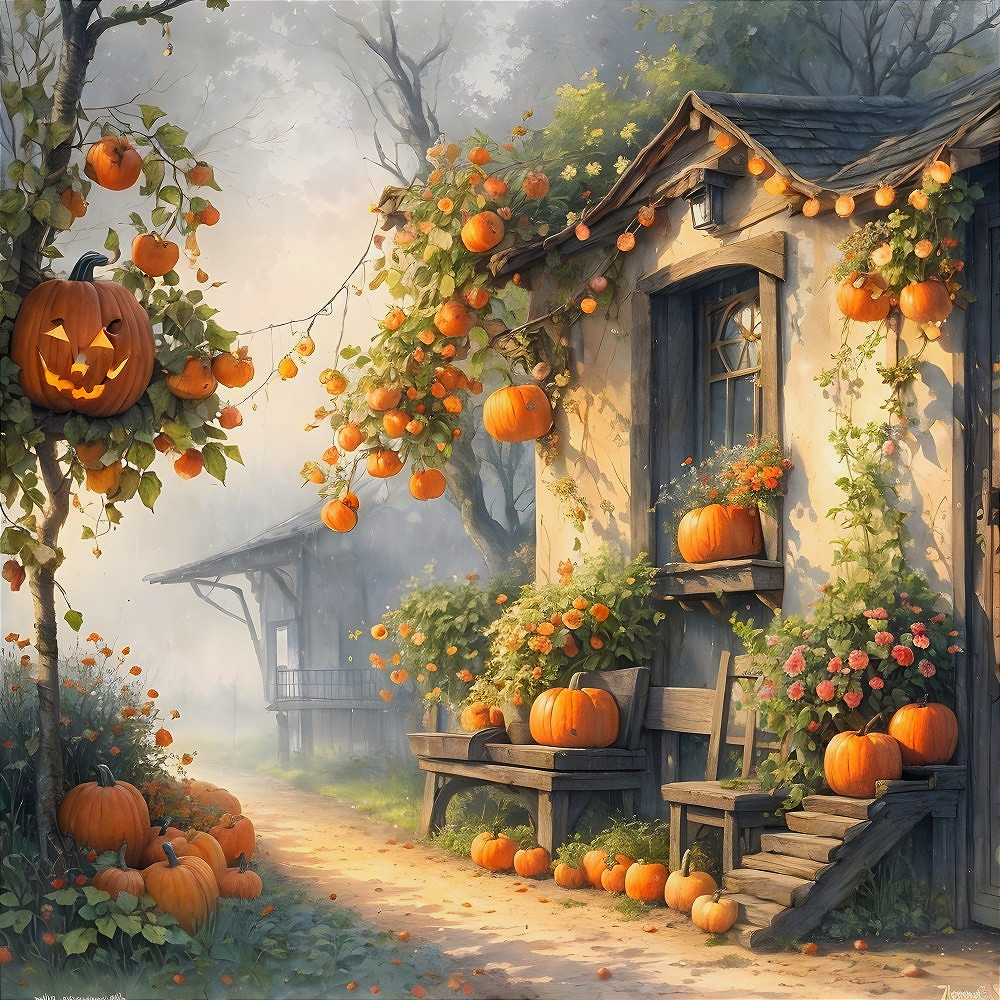 Cozy Autumn Cottage with Jack-o'-Lanterns and Pumpkins
