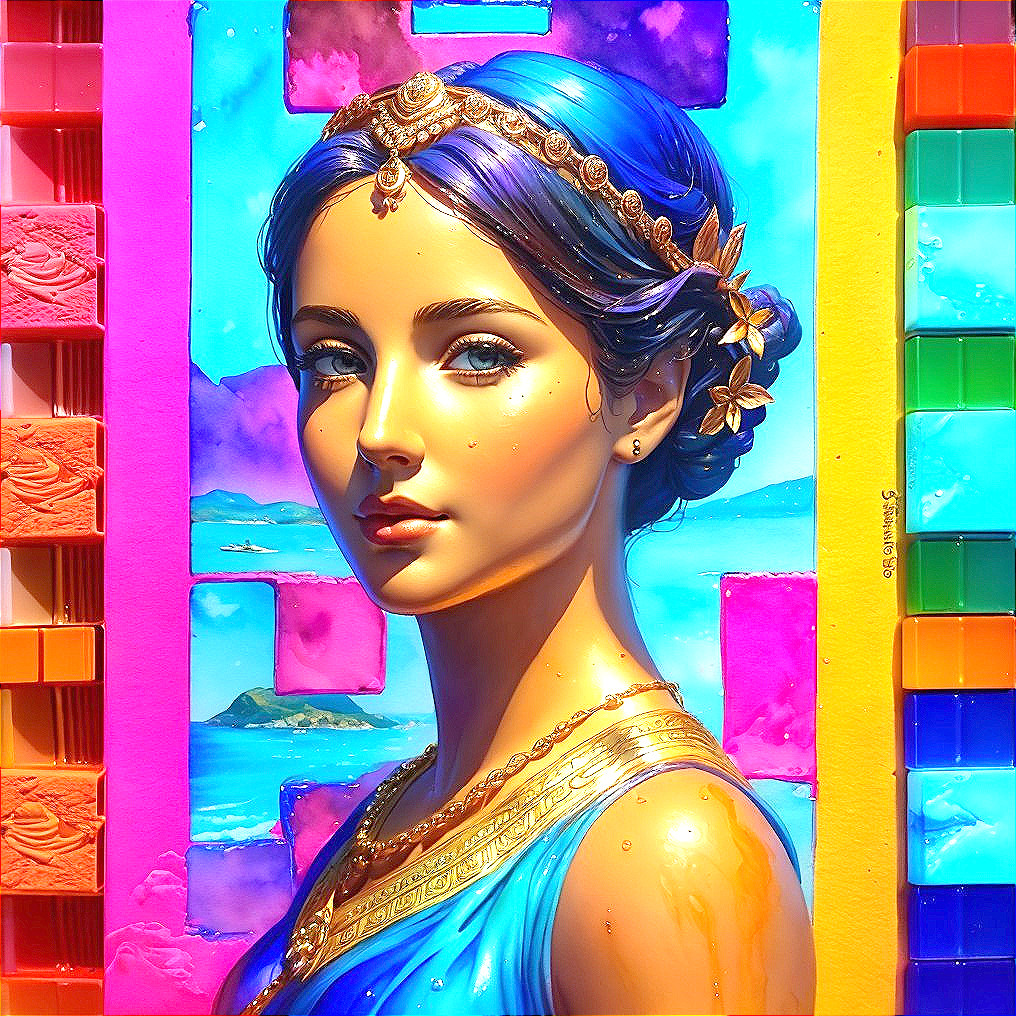 Portrait of a young woman with blue hair and headpiece