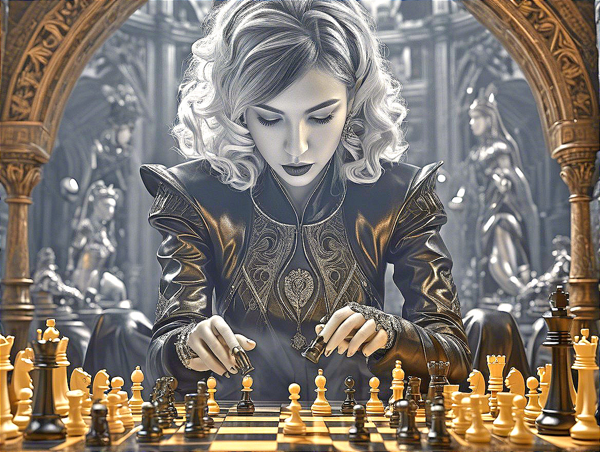 Woman in black leather engaged in chess game