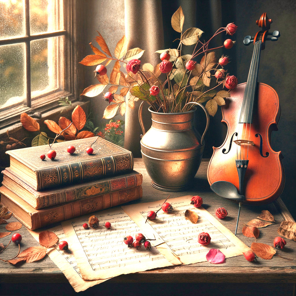 Cozy Room with Autumn Leaves and Artistic Decor