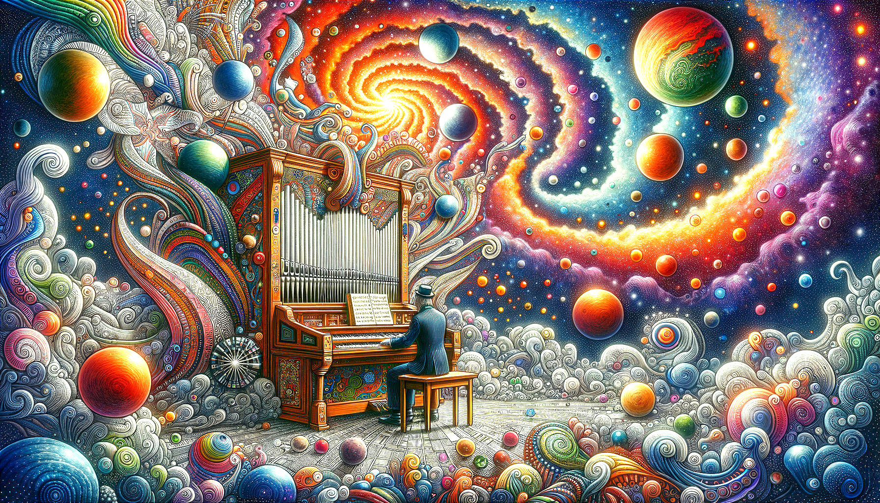 Surreal Musician at Grand Organ in Cosmic Scene
