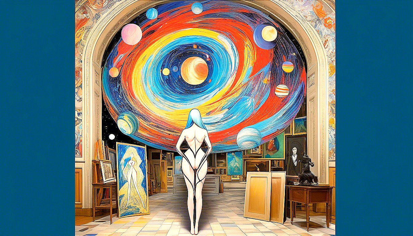 Cosmic Mural and Classic Art in Vibrant Gallery