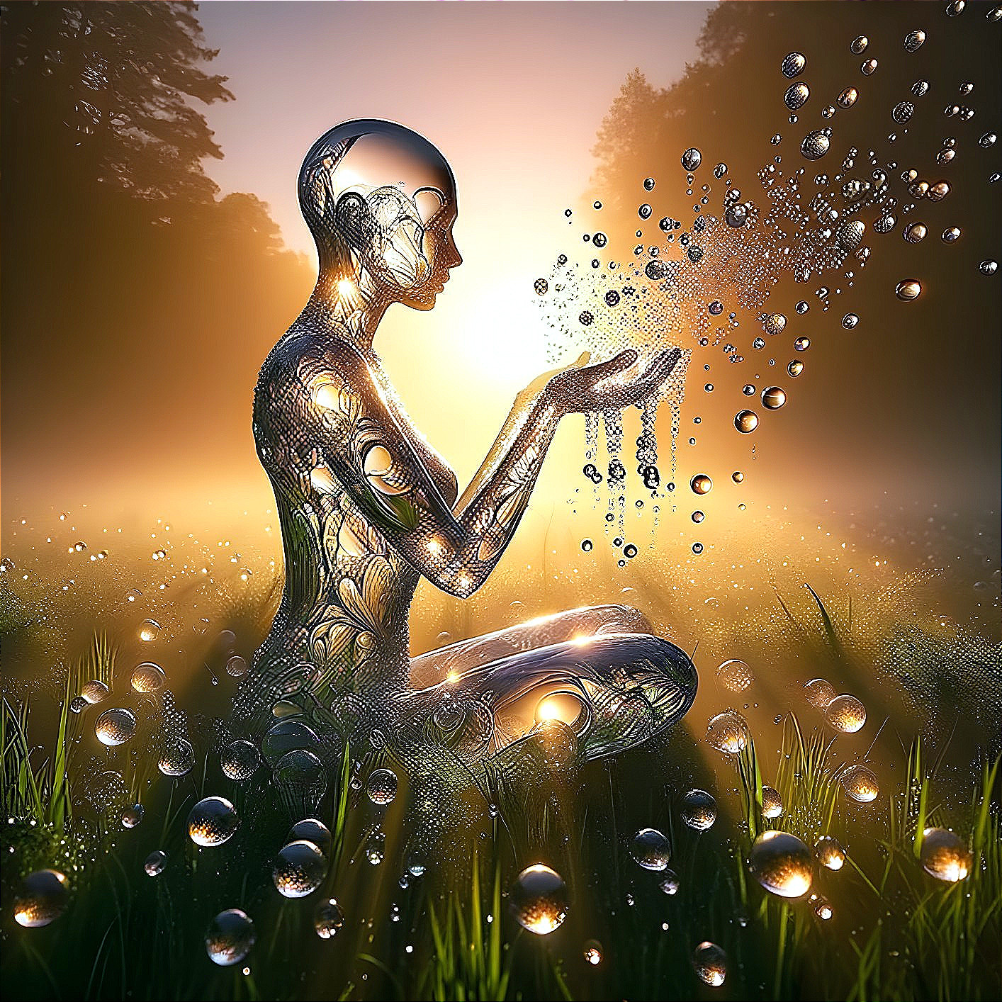 Translucent humanoid figure releasing glowing bubbles in misty forest