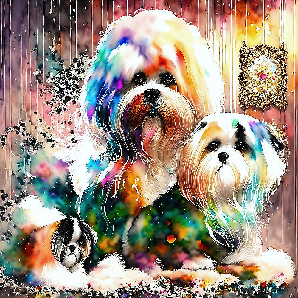 Colorful digital artwork: Three Shih Tzu dogs with multicolored fur on rustic background