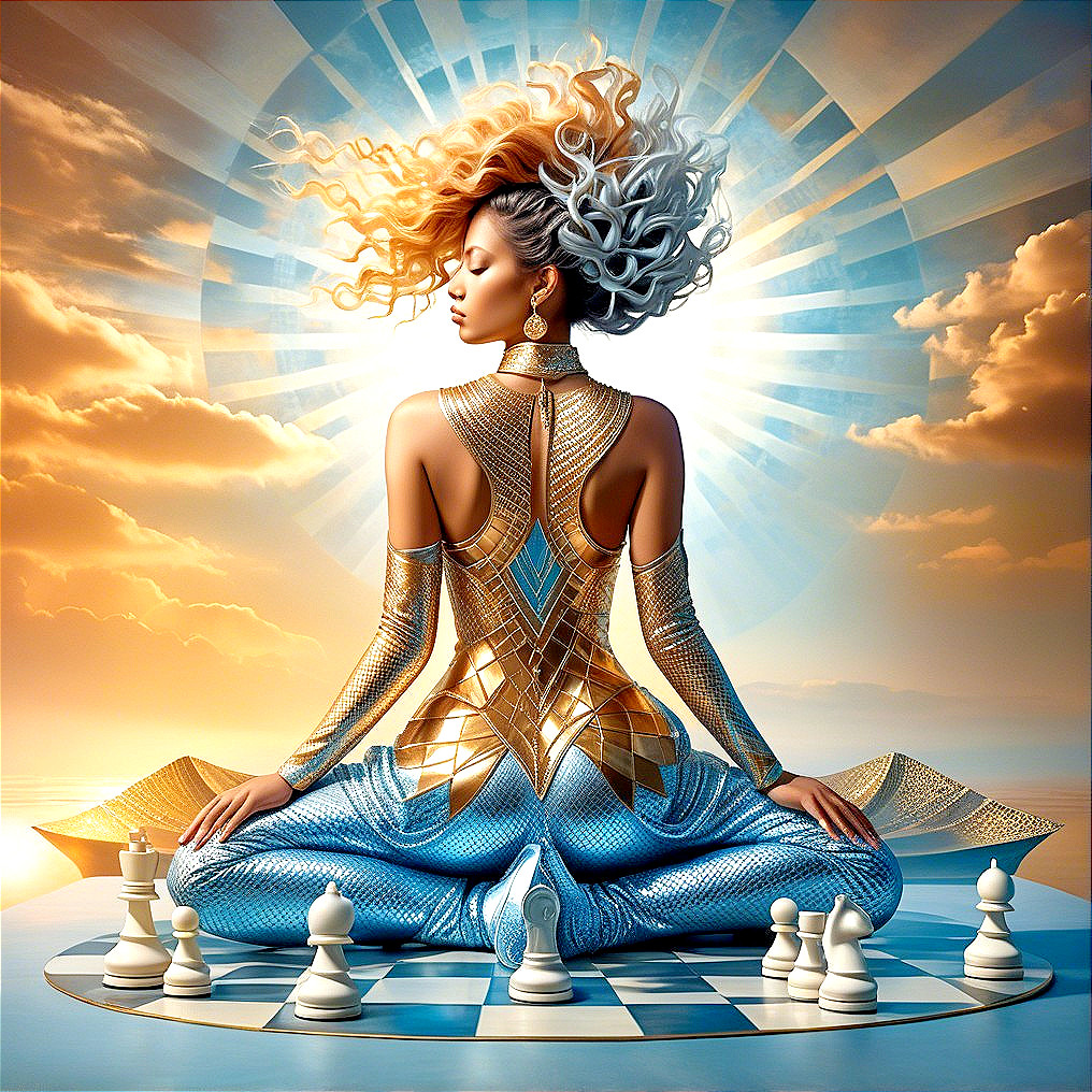 Elegant Figure on Chessboard with Futuristic Outfit