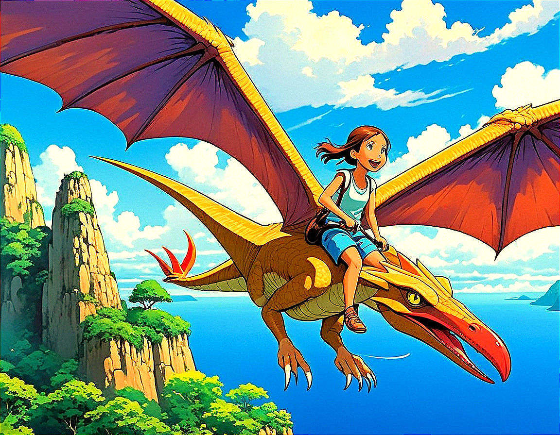 Young girl riding a colorful dragon in blue sky