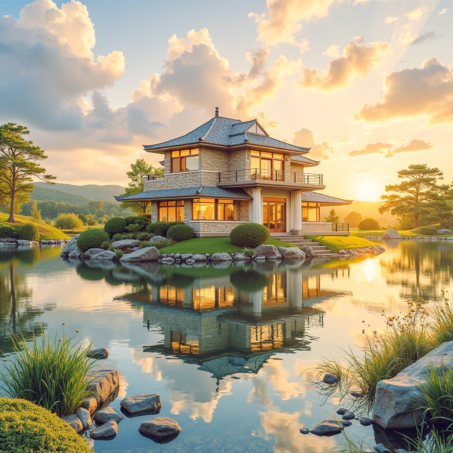 Traditional House on Island Surrounded by Calm Pond