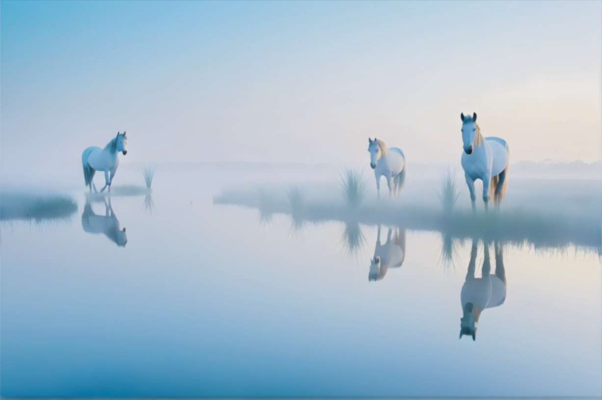 Misty Landscape with Three White Horses by Water