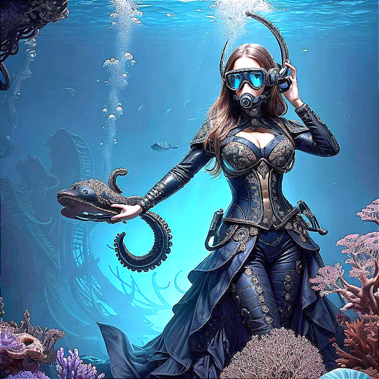 Underwater Scene with Steampunk Diving Outfit and Marine Life
