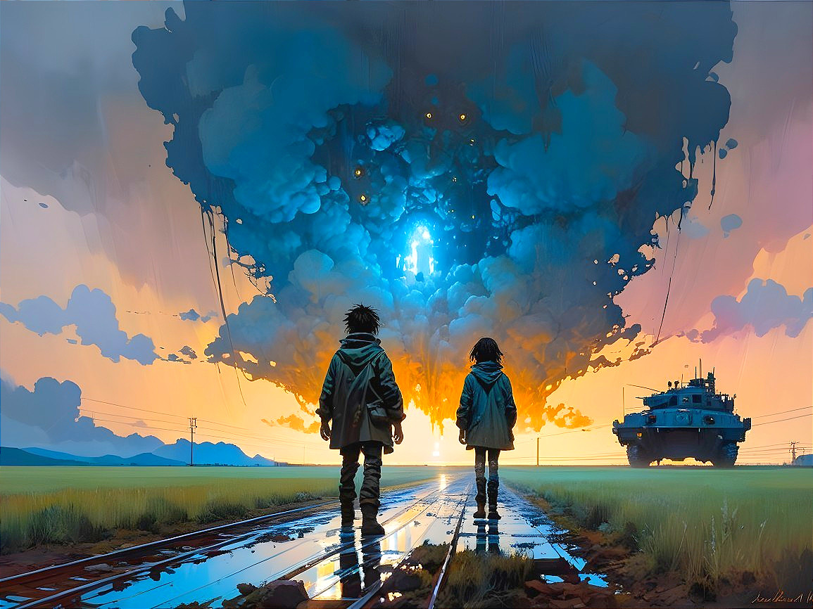Figures on Reflective Path Under Colorful Sky