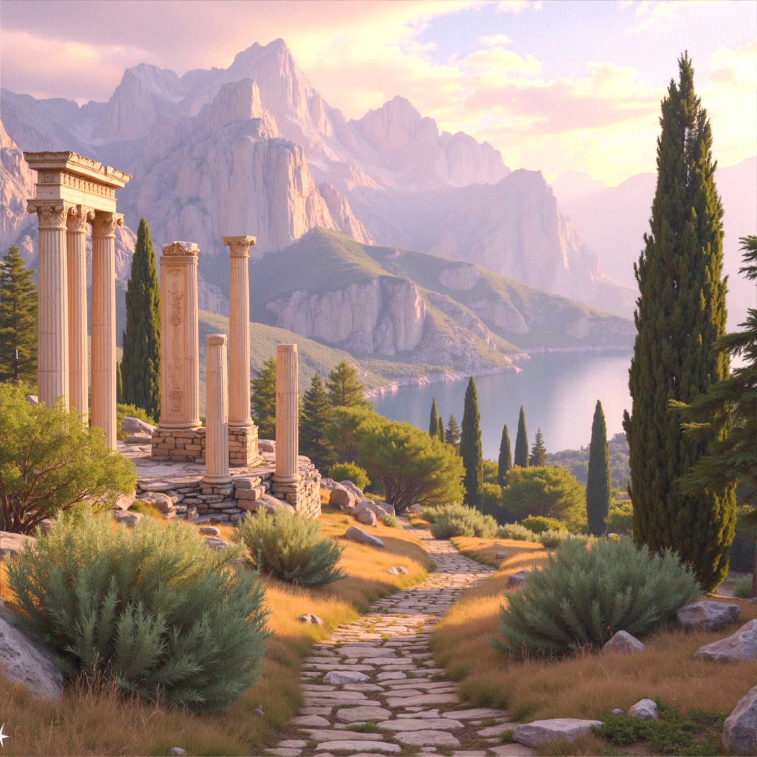 Tranquil Landscape with Stone Columns and Mountains