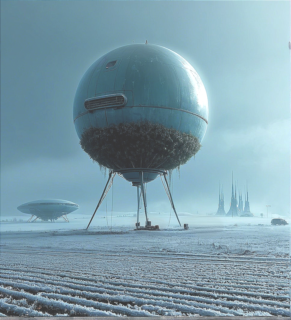 Surreal Futuristic Landscape with Floating Spherical Pods