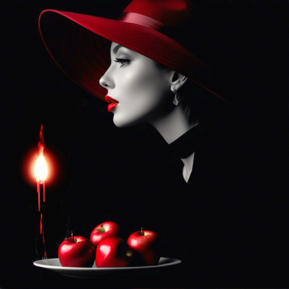 Monochrome Portrait of Woman with Red Hat and Apples