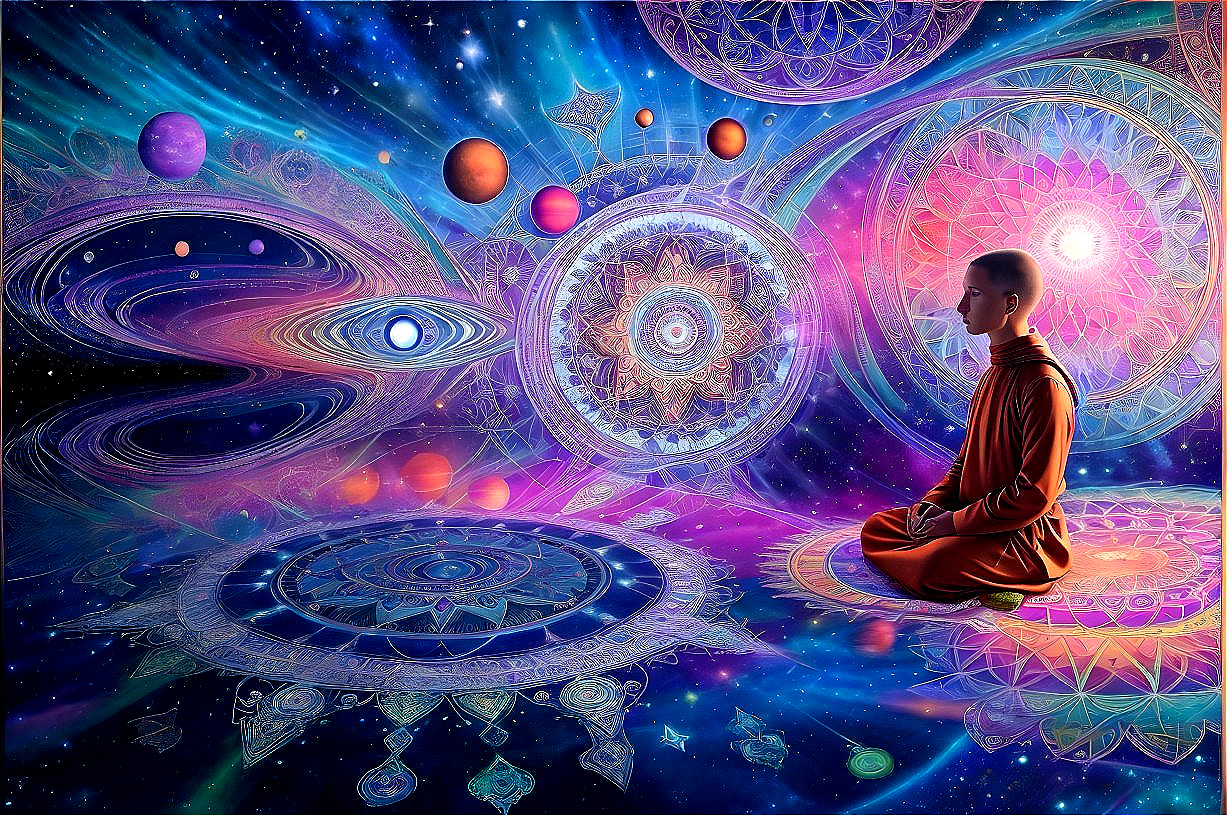 Meditative Figure in a Vibrant Cosmic Landscape